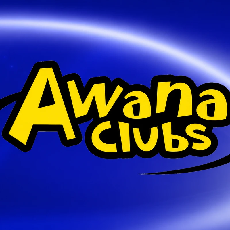 The Awana Clubs logo in bright yellow text with a black outline, set against a vibrant blue background with a white light flare arching over the top.