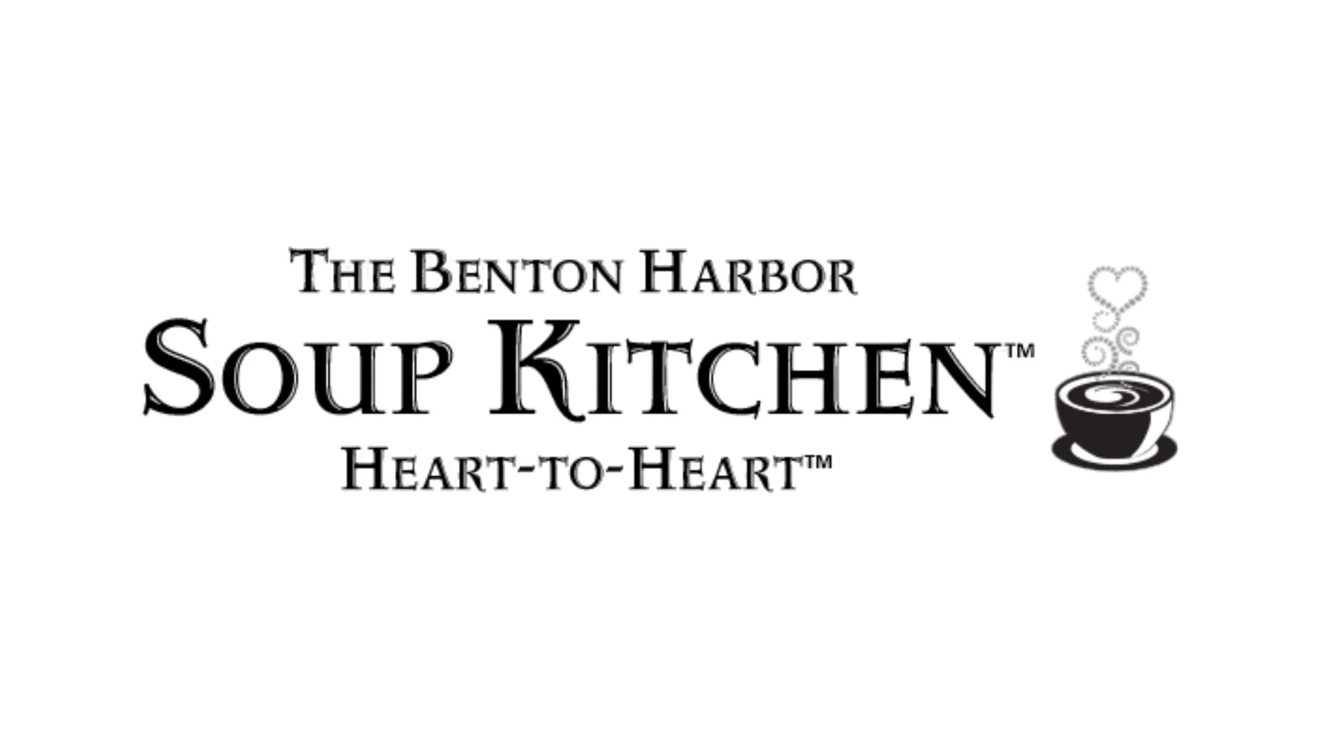 Black and white logo for The Benton Harbor Soup Kitchen. Text reads 'Heart-to-Heart' next to a steaming cup of soup with steam forming a heart.