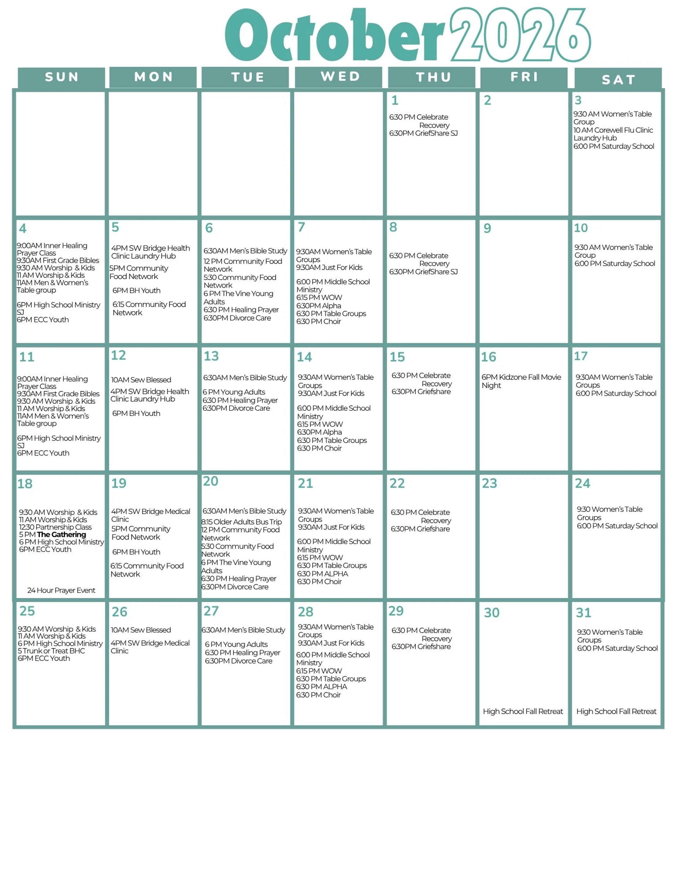 A calendar for October 2026 detailing a full schedule of community and church events, including meetings, groups, and ministry activities for each day.