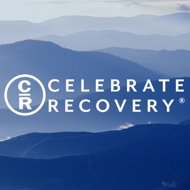 The white Celebrate Recovery logo is set against a serene background of rolling blue mountains fading into a misty horizon.