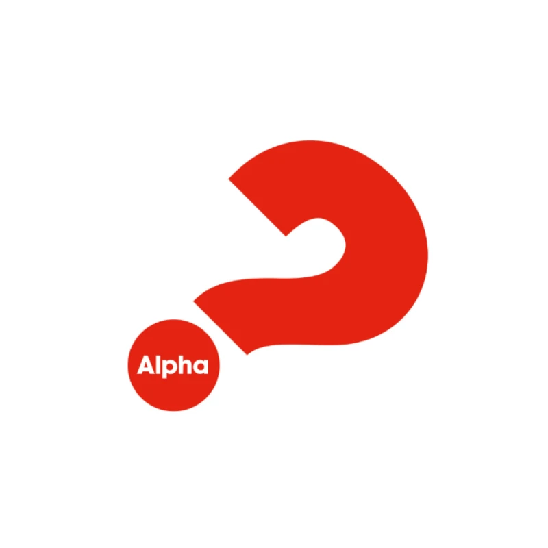The official Alpha logo, a stylized red question mark. The dot of the question mark is a red circle with the word "Alpha" written in white text inside.