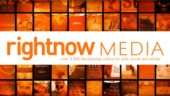 Promotional graphic for RightNow Media, featuring its logo over a collage of thumbnails for its 3,500+ discipleship videos for all ages.