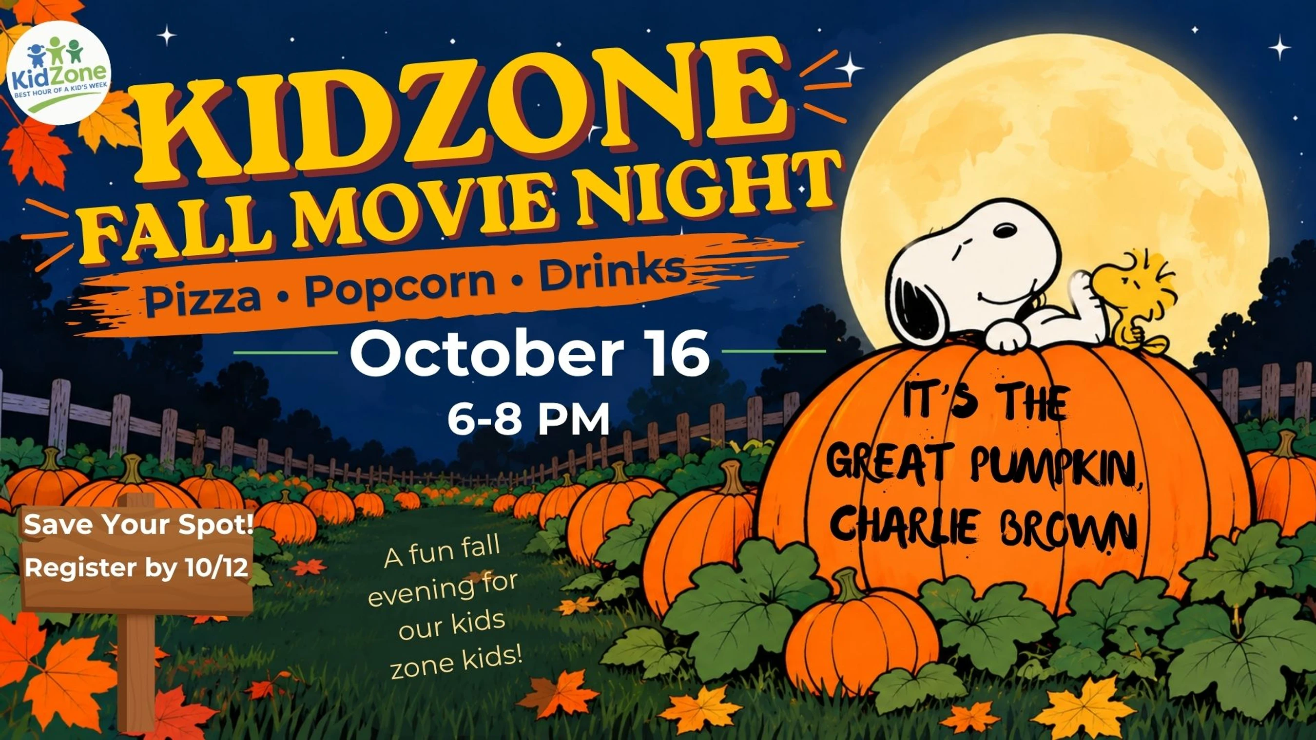 An event flyer for a kids' movie night showing 'It's The Great Pumpkin, Charlie Brown' with Snoopy and Woodstock resting on a giant pumpkin.