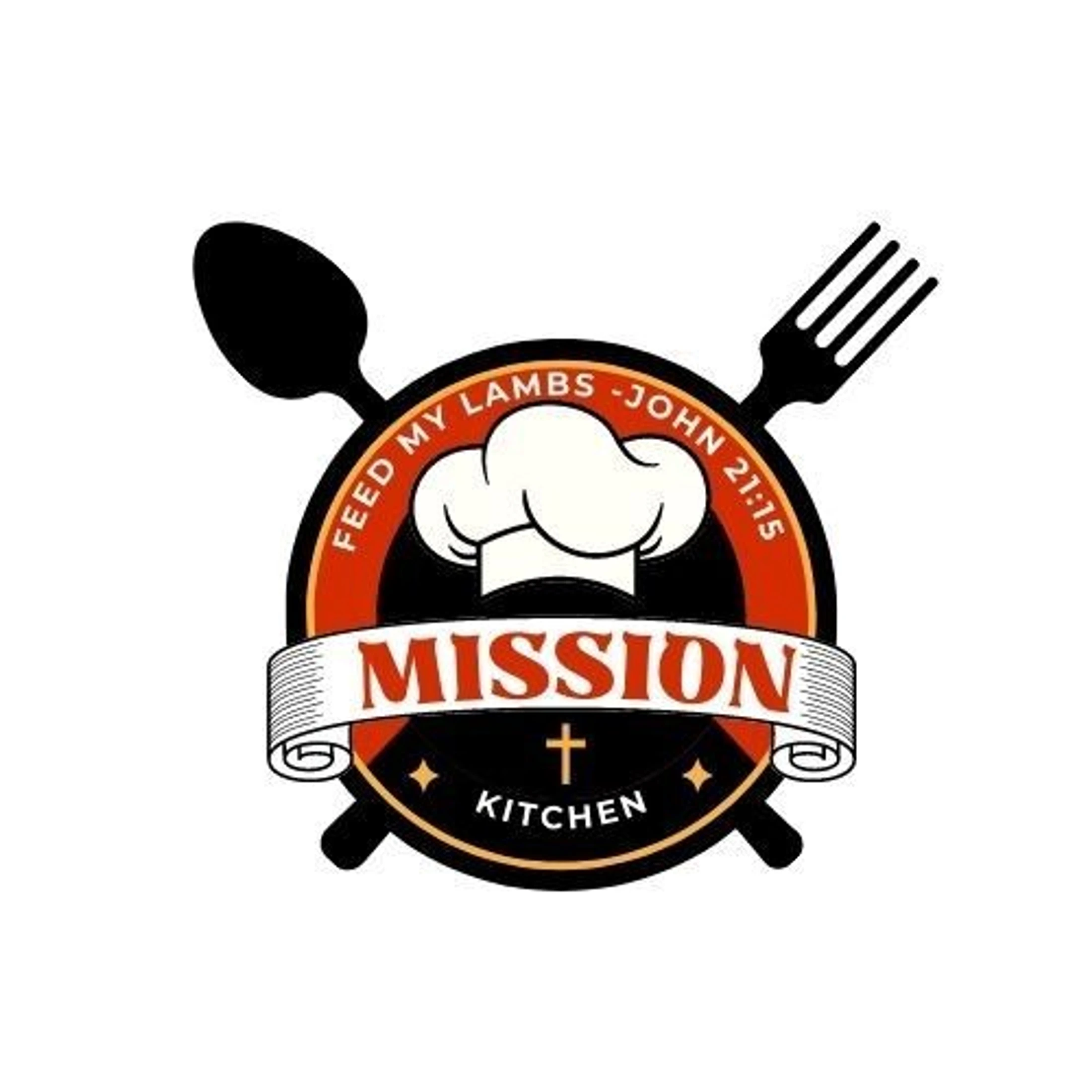 The logo for Mission Kitchen, featuring a chef's hat in a circle with a crossed spoon and fork. A banner reads 'MISSION KITCHEN' with a biblical verse above.