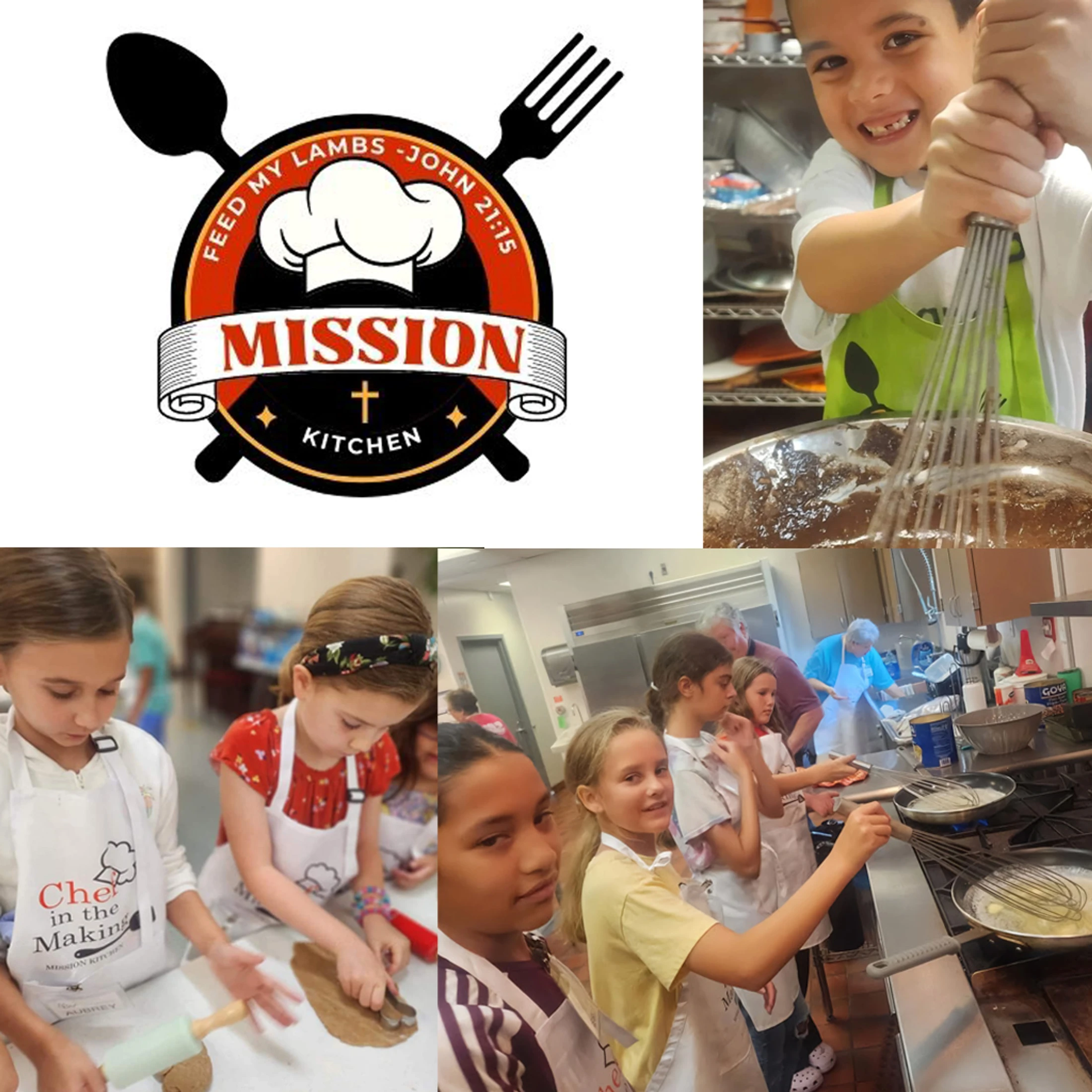 A photo collage showing the Mission Kitchen logo and children happily participating in a cooking class, whisking batter, rolling dough, and cooking on a stove.