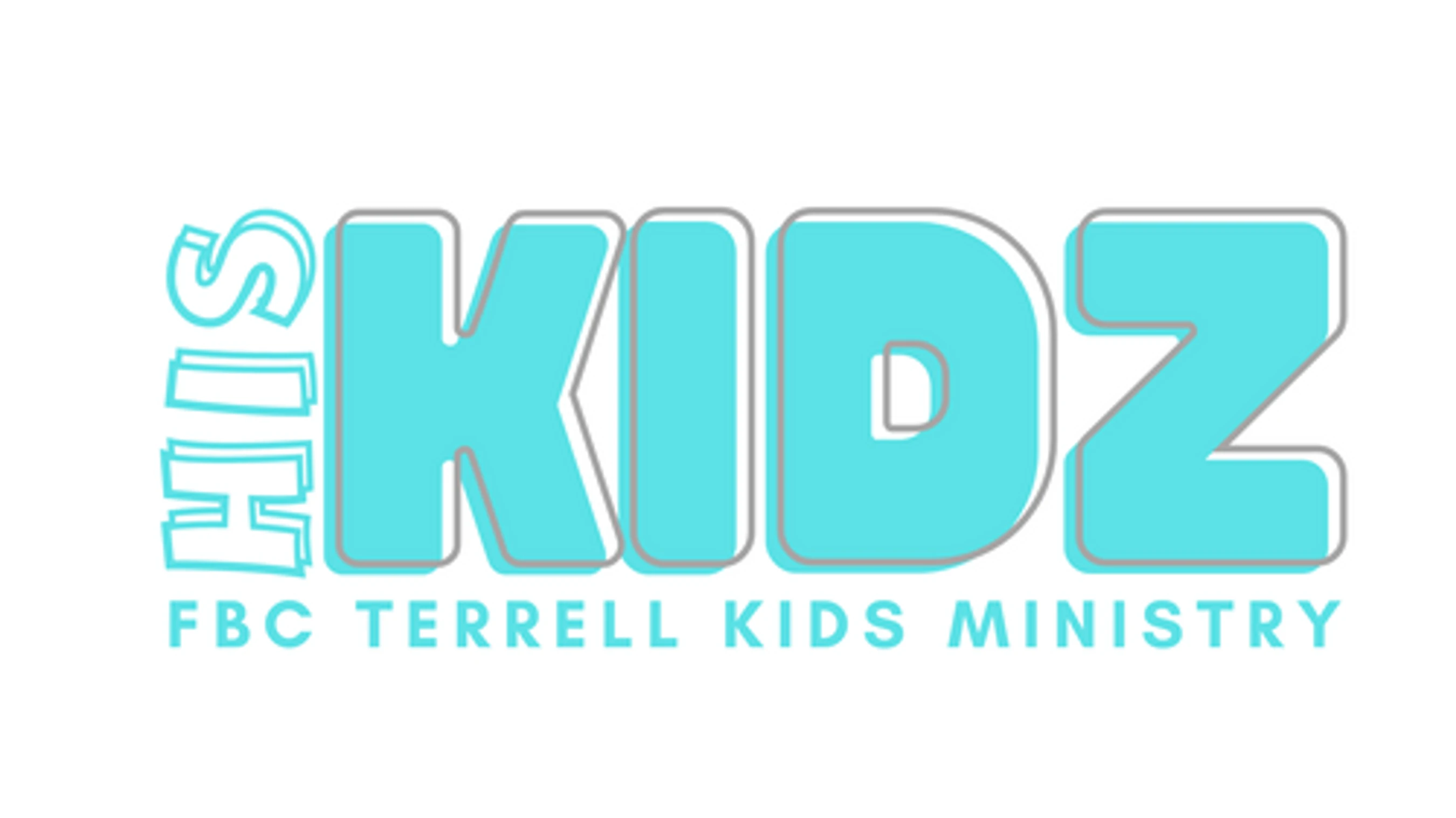 The logo for His Kidz, the FBC Terrell Kids Ministry. The text is in a playful, rounded, aqua font with a grey outline on a white background.