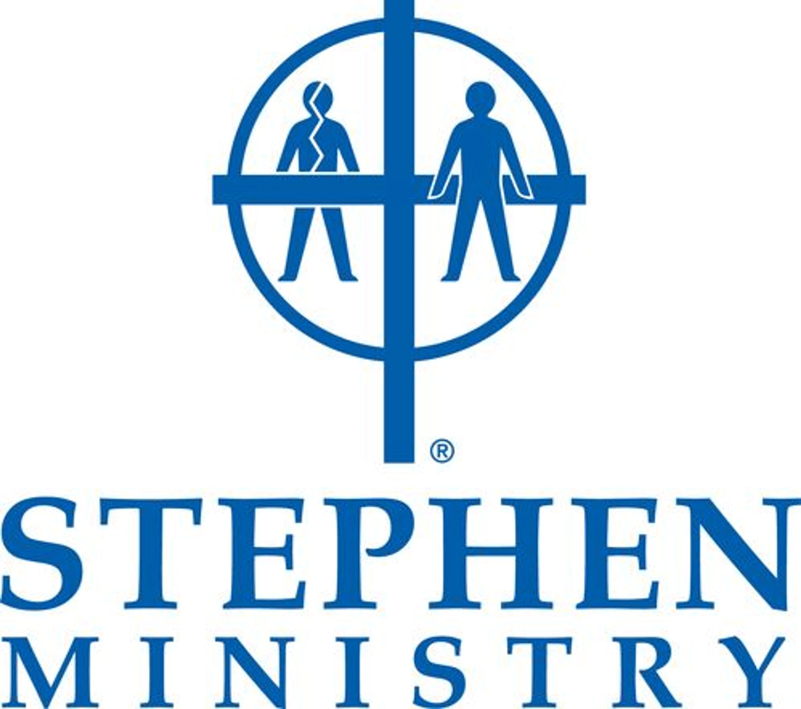 The blue logo for Stephen Ministry showing a cross with a circle containing a broken figure on the left and a whole figure on the right.