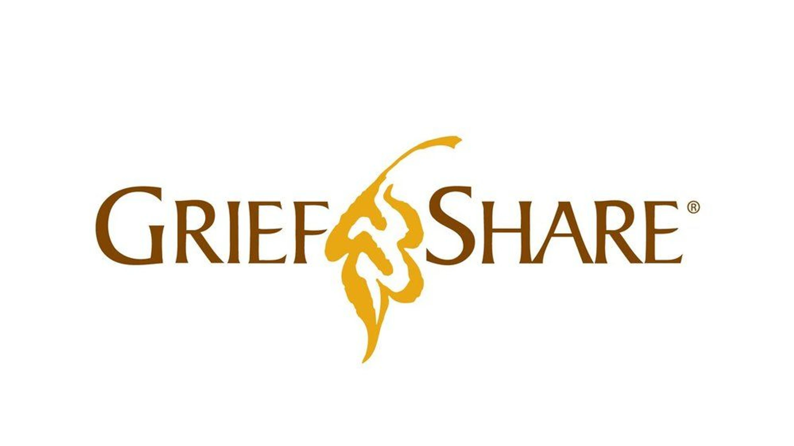 The GriefShare logo in brown text on a white background. A stylized yellow leaf graphic between 'Grief' and 'Share' contains two faces in its negative space.