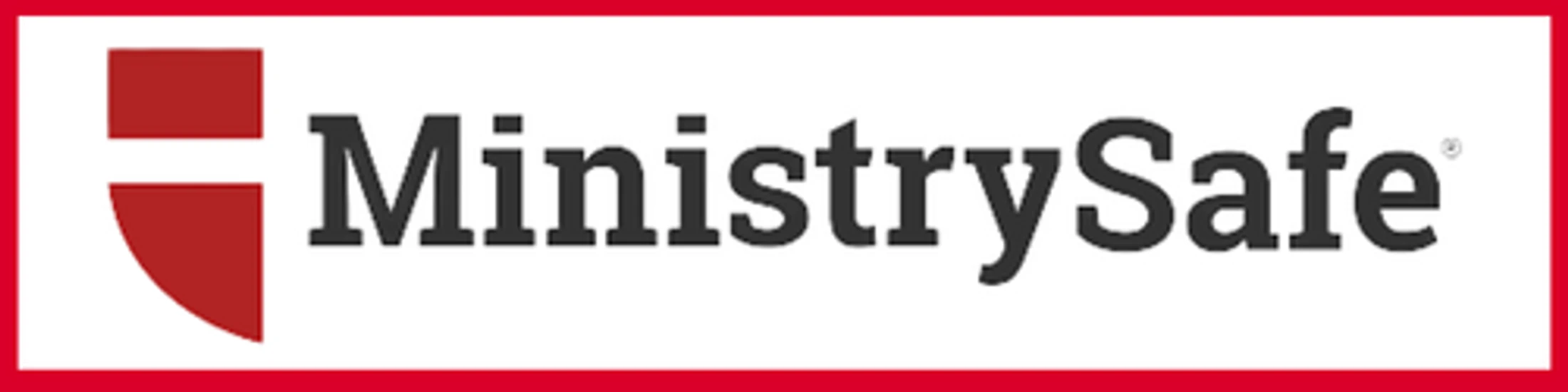 The MinistrySafe logo, featuring a red shield icon to the left of the company's name in a black serif font, all within a red border.