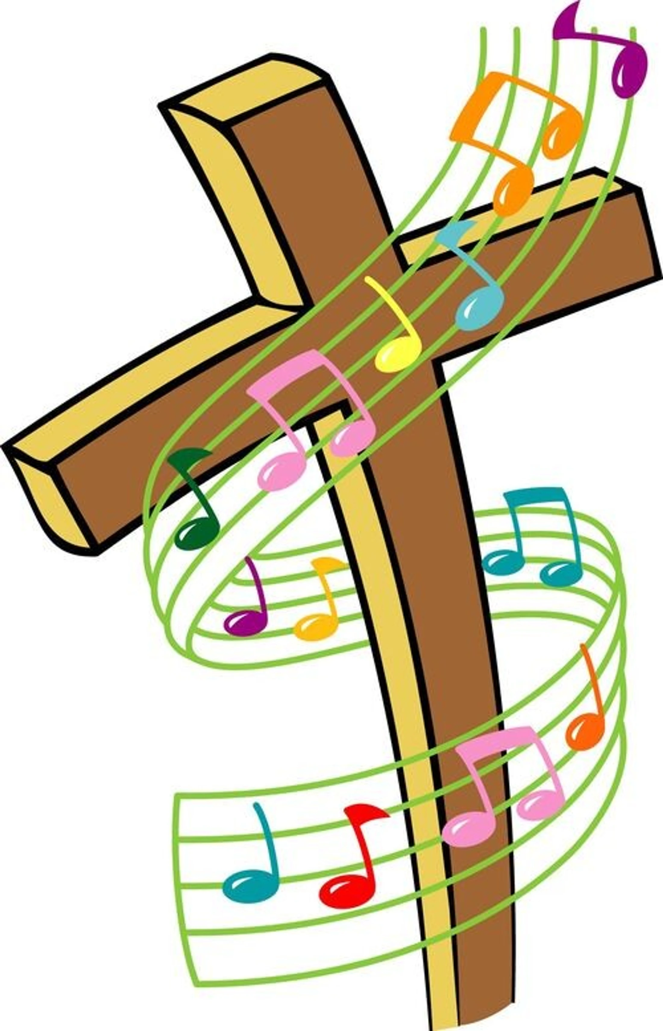 A cartoon illustration of a brown wooden cross with a green musical staff and colorful notes swirling around it, symbolizing religious music or praise.