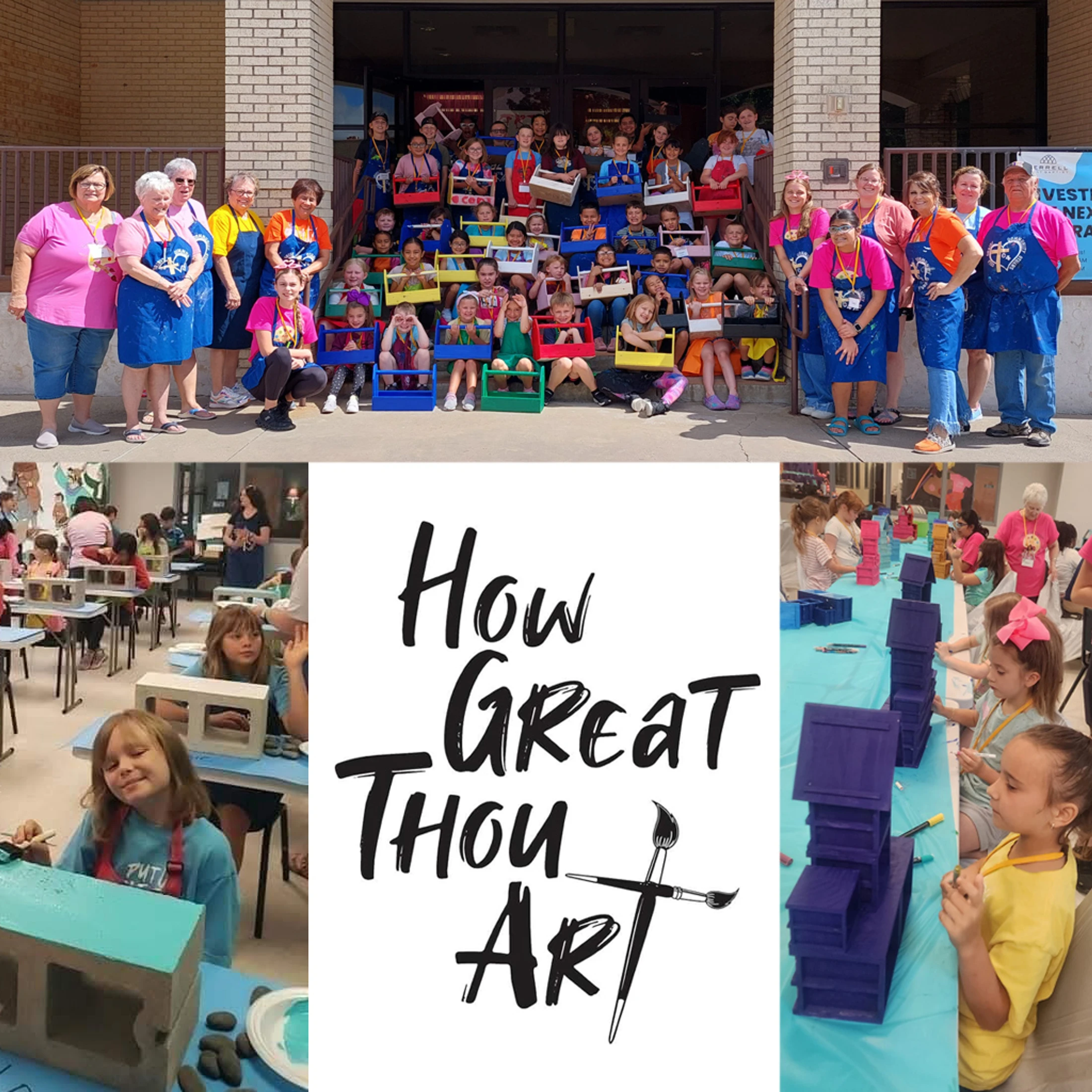 A collage from an art camp showing a group photo of children with toolboxes, and two classroom scenes of kids painting various crafts.