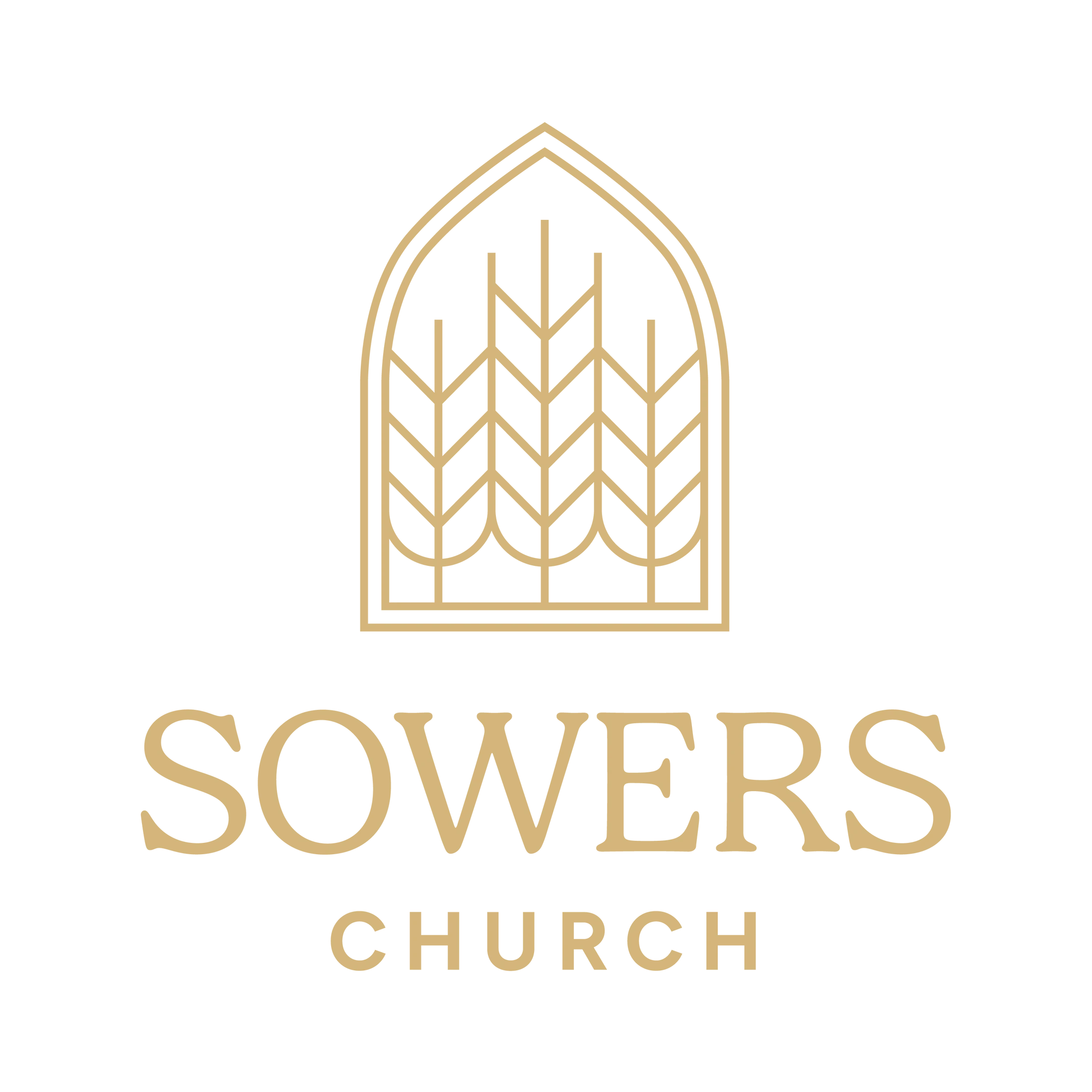 The logo for Sowers Church in a light gold color. It features a graphic of wheat stalks inside an arched window outline, above the words 'SOWERS CHURCH'.