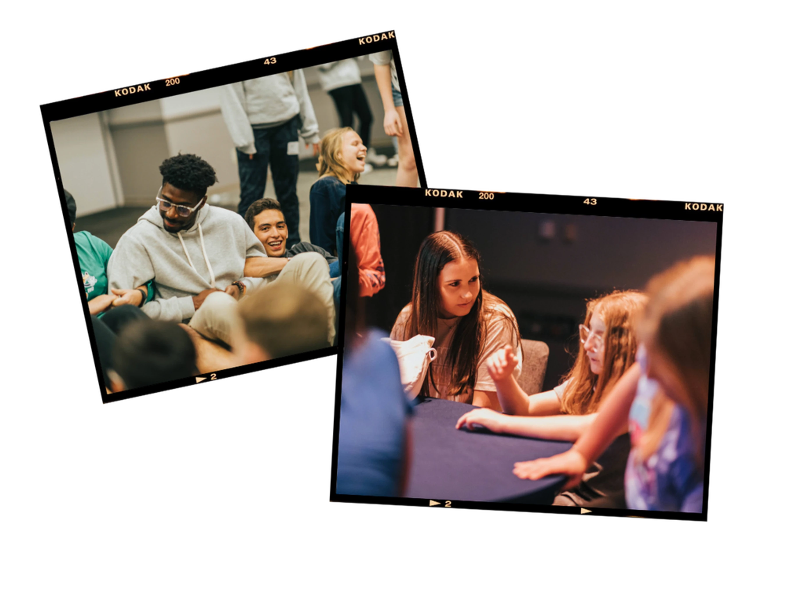 A collage of two film-style photos. The top shows a diverse group of young adults laughing on the floor. The bottom shows two young girls talking at a table.