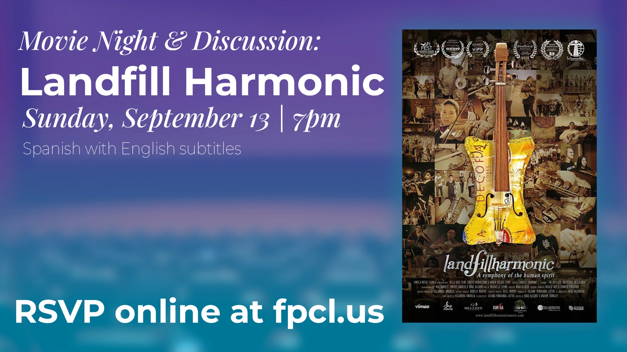 Promotional flyer for a movie night featuring the film "Landfill Harmonic" on Sunday, September 13 at 7pm. Includes the movie poster and RSVP info.