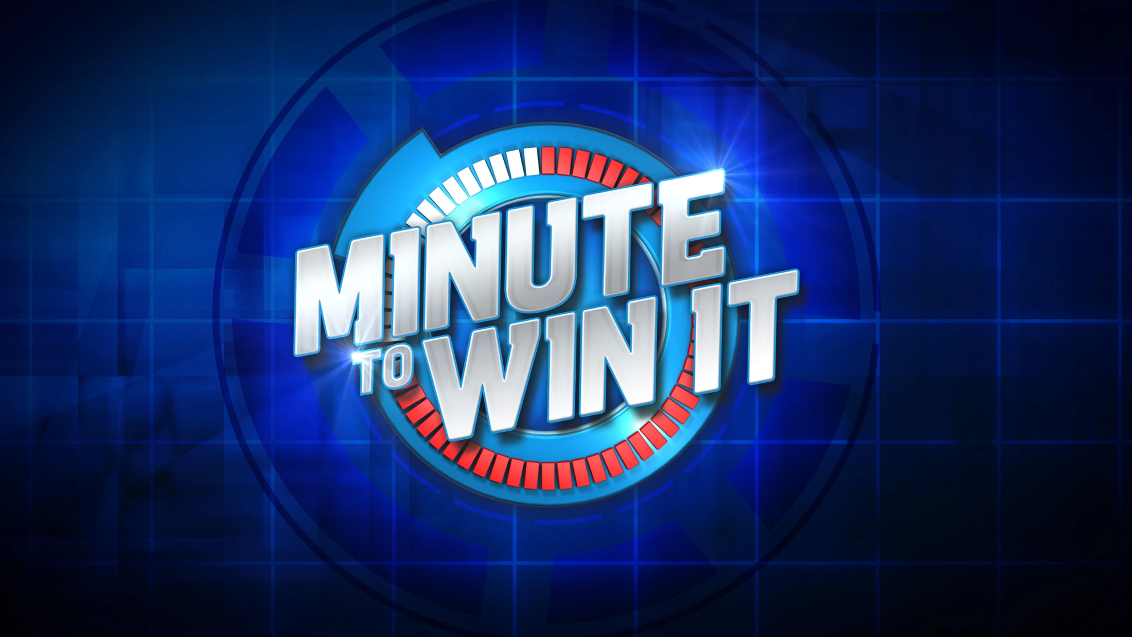The official logo for the TV game show 'Minute to Win It' on a blue gridded background with a circular timer graphic.