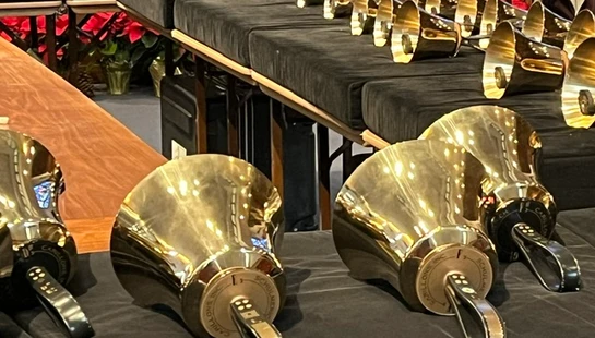 A close-up view of numerous golden handbells of various sizes laid out on dark, padded tables, ready for a choir performance.