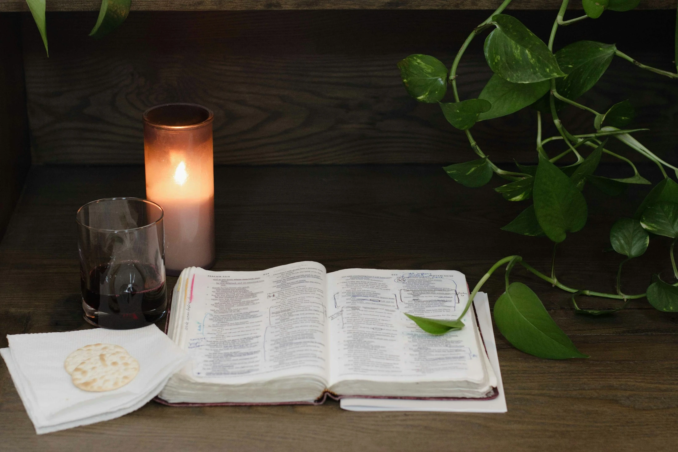 Open bible with candle, wine, and bread