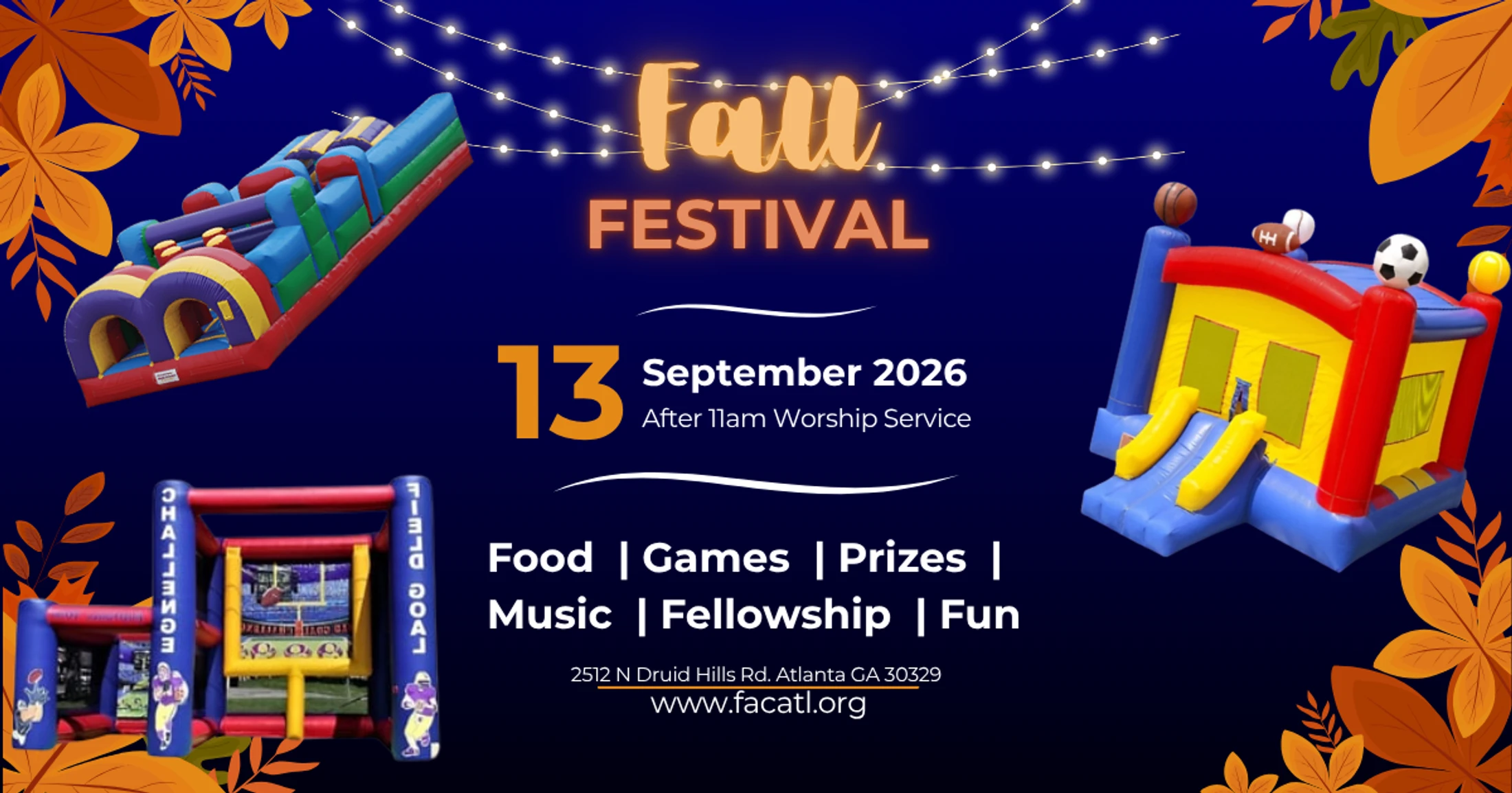 Flyer for a Fall Festival on September 13, 2026. It features colorful inflatable bounce houses, string lights, and event details on a dark blue background.