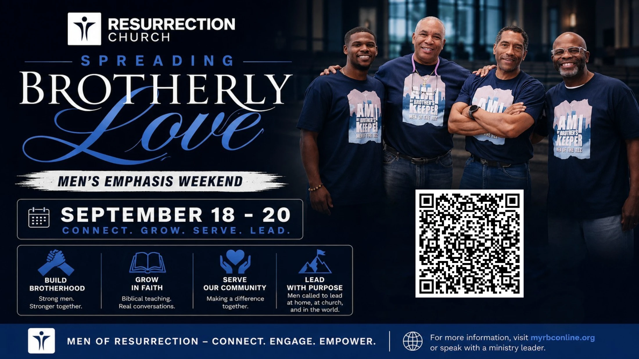 Flyer for a Resurrection Church men's weekend event, showing four smiling men in matching shirts and event details for September 18-20.