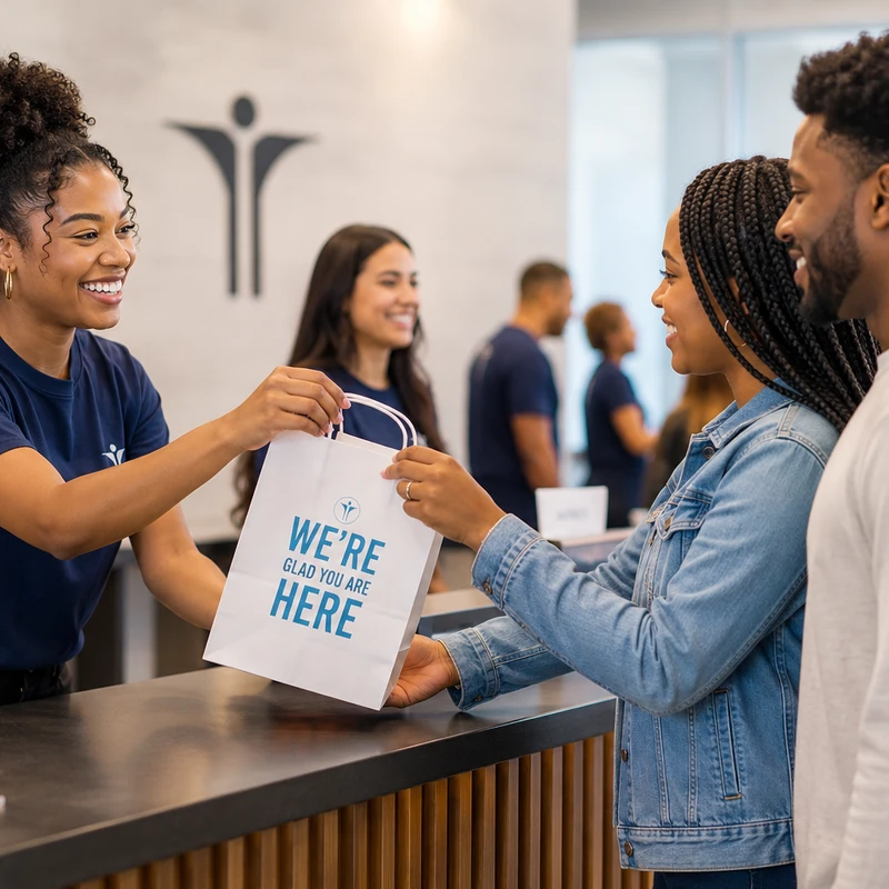 A smiling woman at a guest services desk hands a white welcome bag that says "We're Glad You Are Here" to a young, smiling couple.