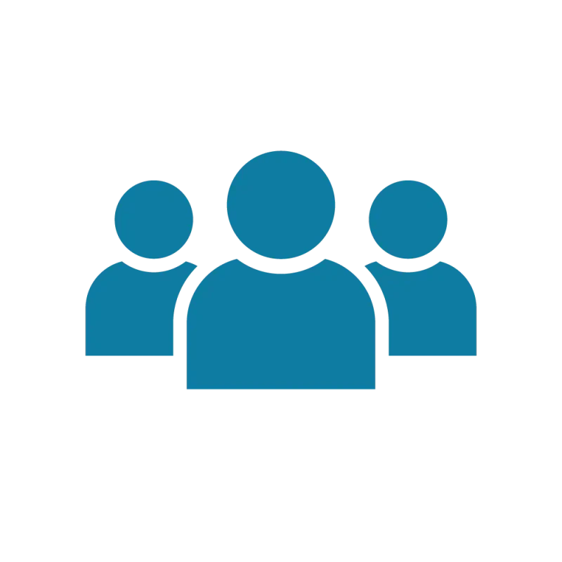 A simple, pixelated blue icon of three people, representing a group or team, shown from the shoulders up against a black background.