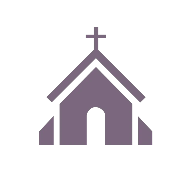 A simple, pixelated icon of a purple church with a cross on its roof against a black background. The church has an arched doorway.