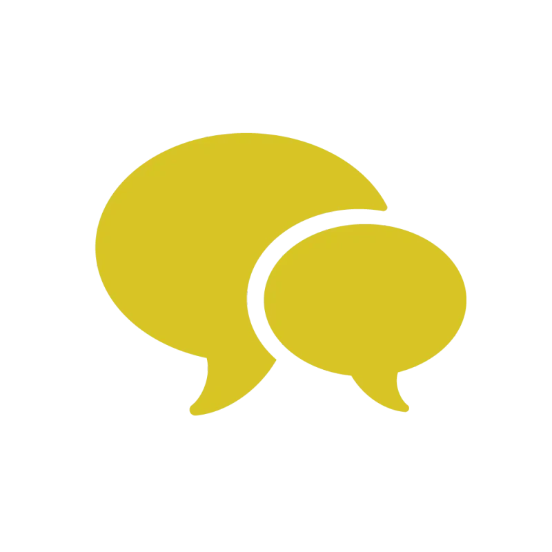 A yellow graphic icon of two overlapping speech bubbles, representing conversation or communication, on a black background.