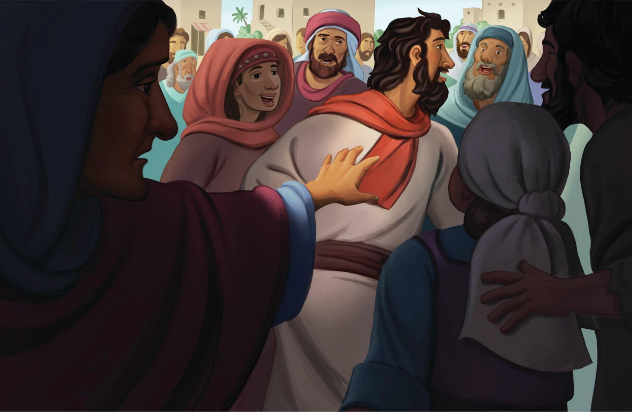 An illustration of a woman reaching through a crowd to touch the white robe of a man who looks like Jesus. He turns as she touches him.