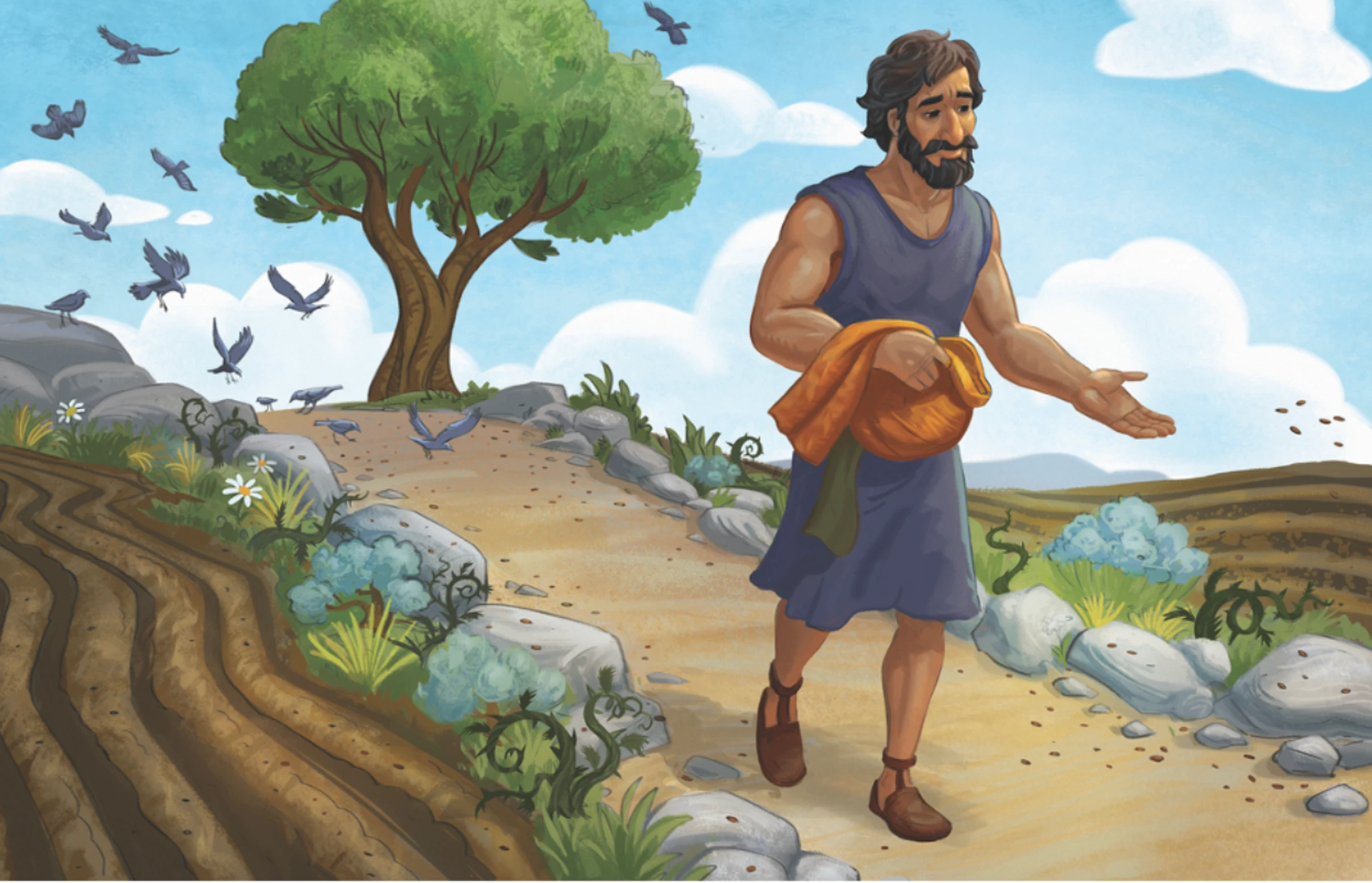 An illustration of a farmer in ancient clothes scattering seeds on a path, with birds flying down to eat them and a plowed field and tree nearby.