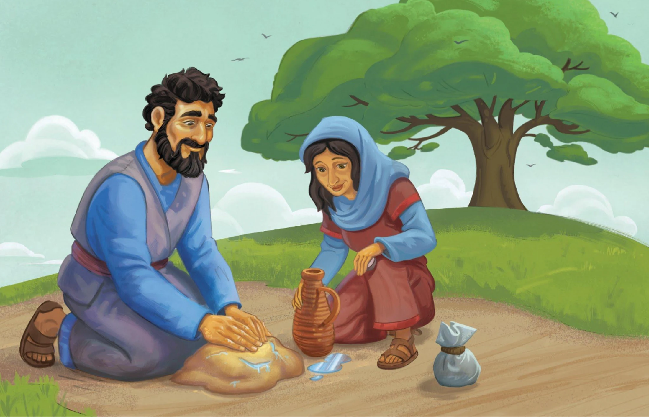 An illustration of a man and a woman in ancient clothing kneeling together outdoors to knead dough, with a water pitcher and a tree in the background.