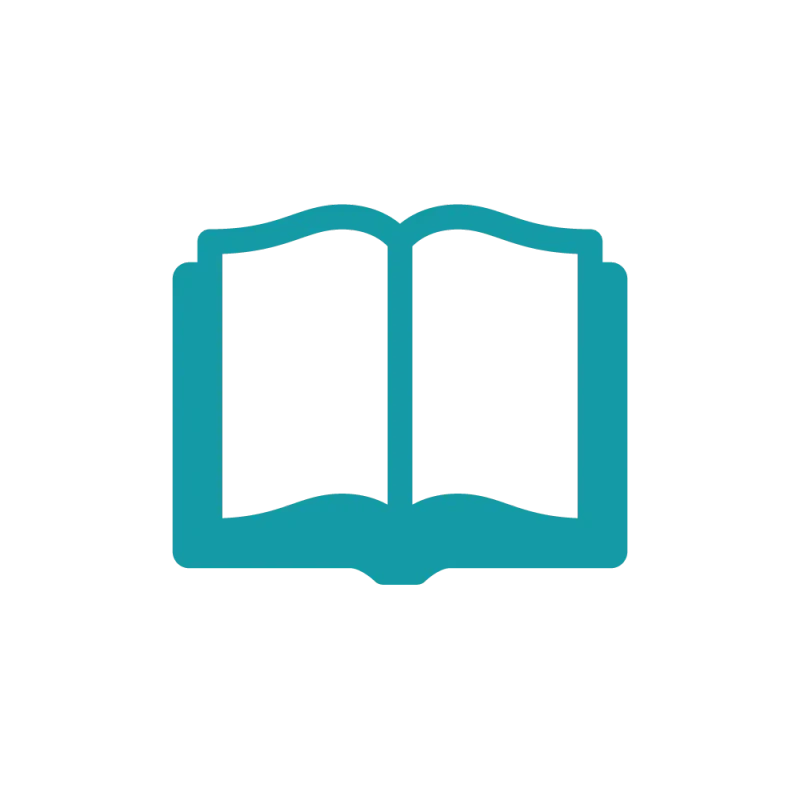 A pixelated, teal-colored icon of an open book, symbolizing reading, learning, or knowledge, on a solid black background.
