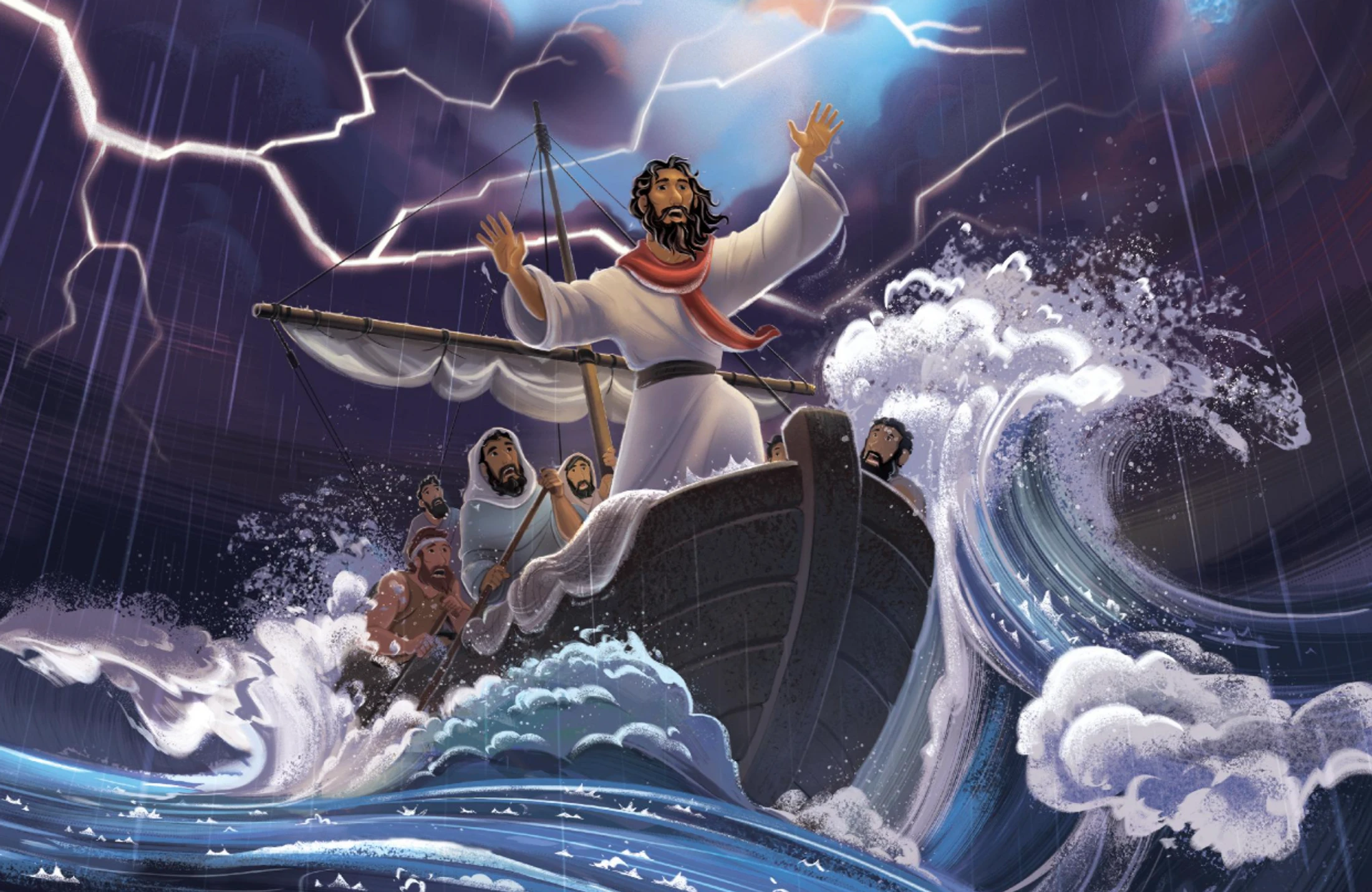 An illustration of Jesus standing in a boat with his disciples during a storm, raising his hands to calm the large waves as lightning strikes in the dark sky.