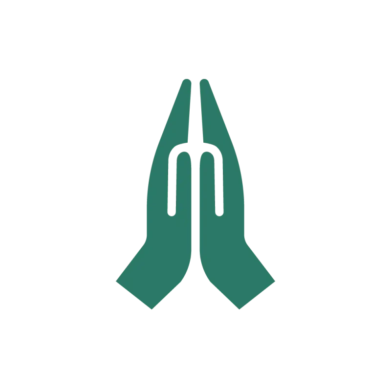 A simple, pixelated icon of two teal-colored hands pressed together in a prayer or greeting gesture, set against a black background.