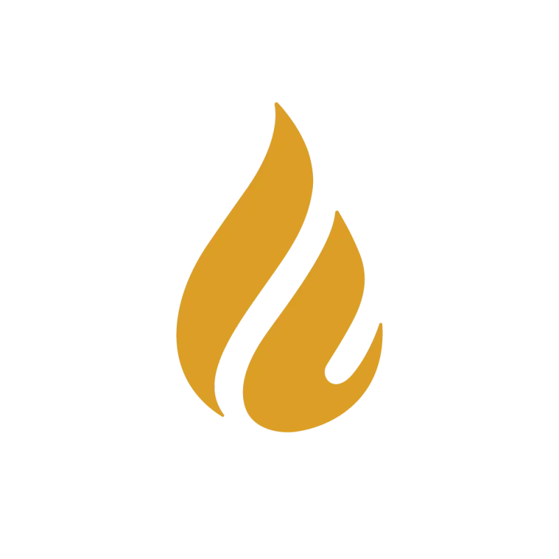 A stylized, pixelated golden-yellow flame icon set against a solid black background. The flame is composed of two distinct, curved shapes.