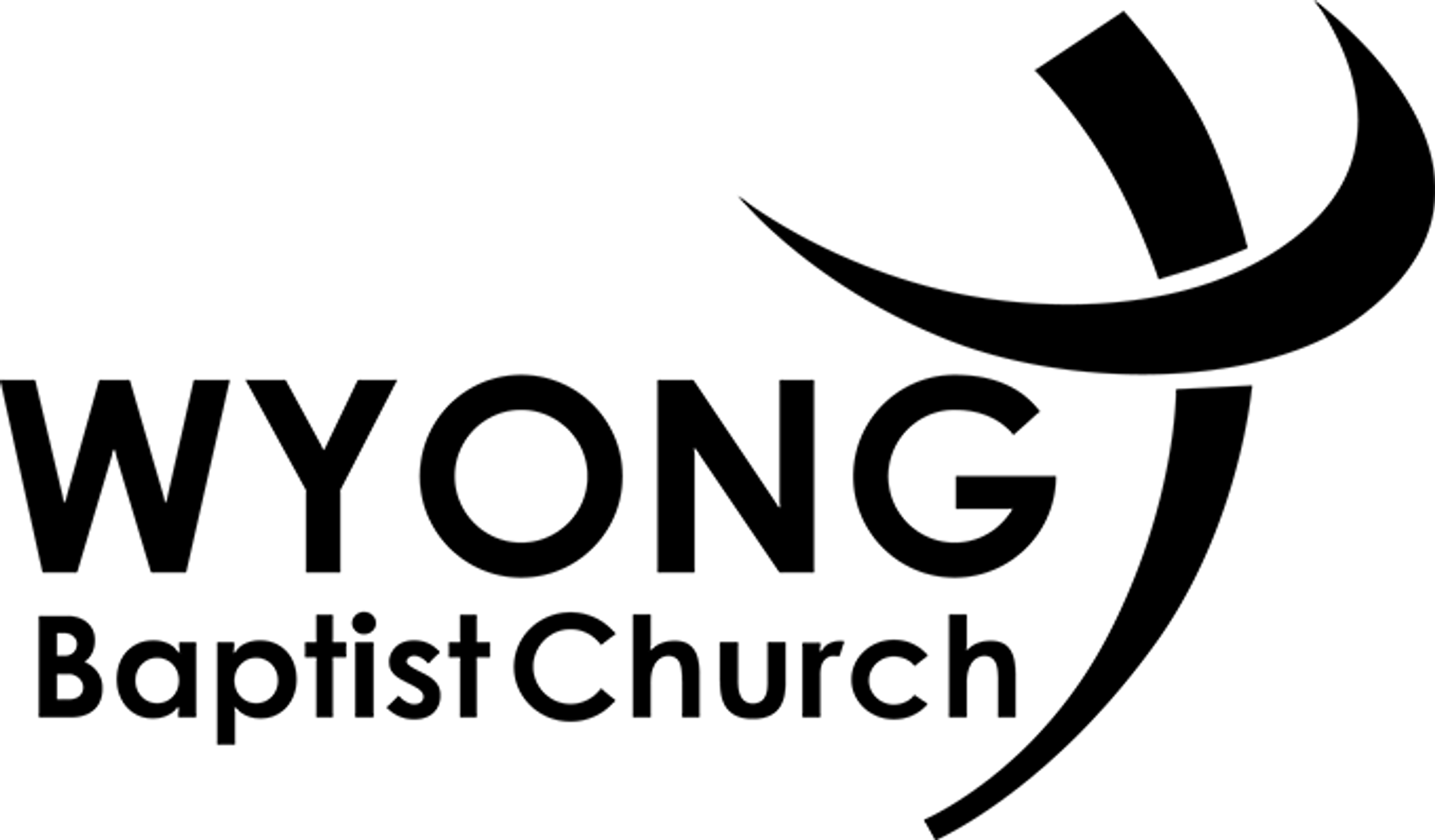 The logo for Wyong Baptist Church, shown in black text on a white background, with an abstract cross symbol to the right of the name.
