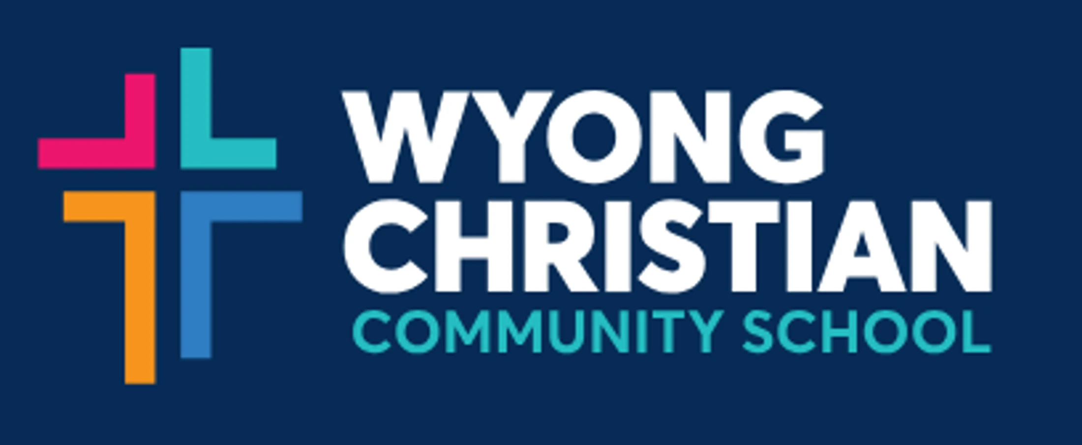 The logo for Wyong Christian Community School on a dark blue background, featuring a colorful cross icon next to the school's name in white and teal text.