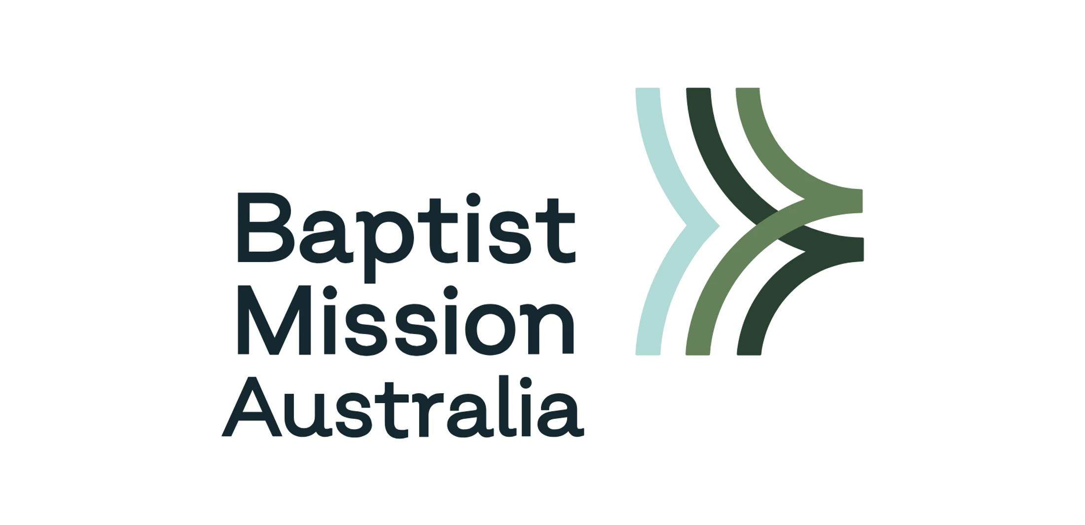 The logo for Baptist Mission Australia, with the name in dark text next to an abstract symbol of interweaving curved lines in shades of green and blue.