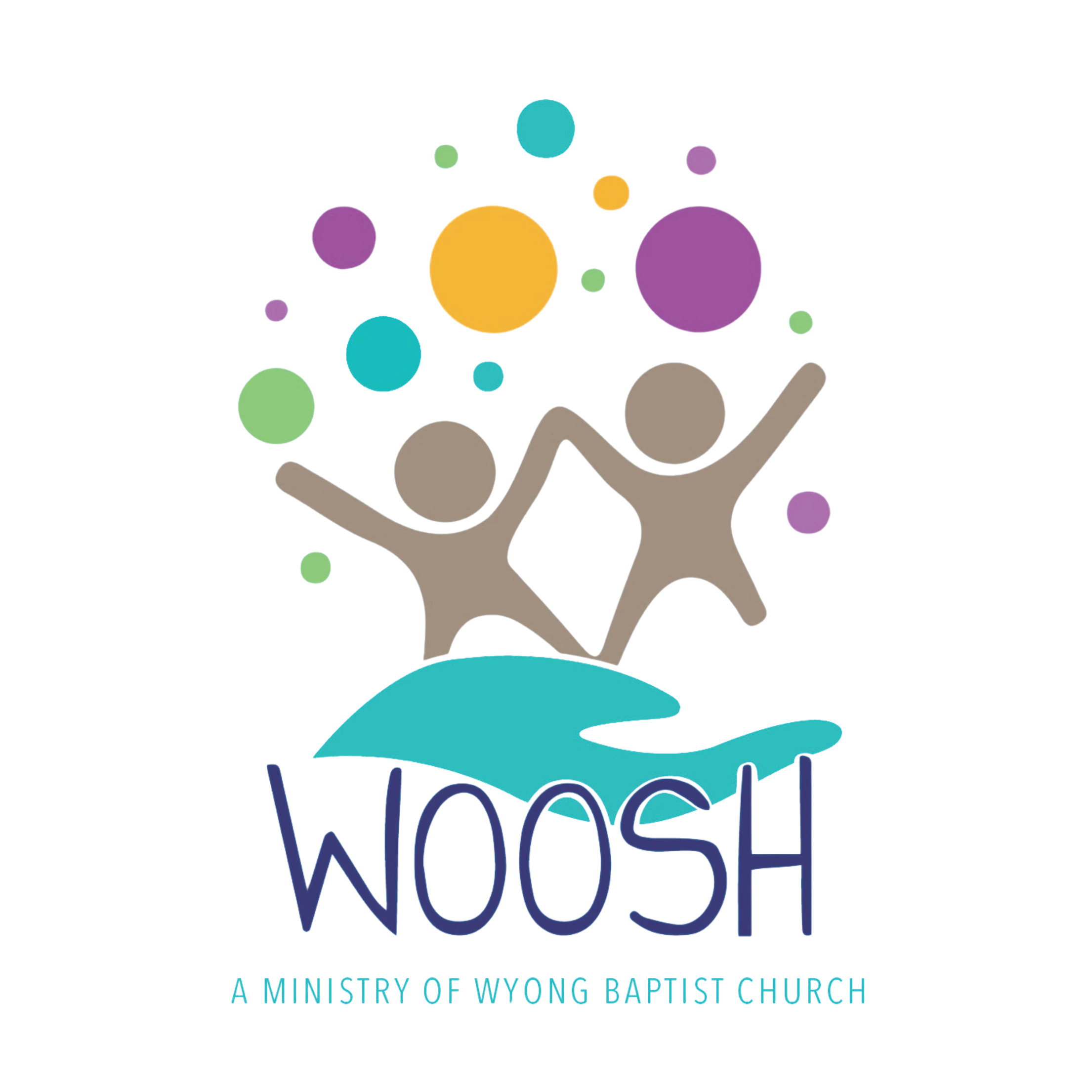 Logo for WOOSH, a ministry of Wyong Baptist Church, showing two stylized children playing among colorful circles, held up by a large turquoise hand.