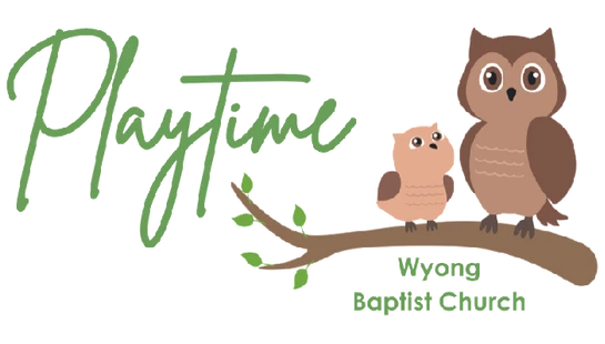 Logo for the Wyong Baptist Church Playtime group, featuring the word 'Playtime' in green script next to two cartoon owls sitting on a branch.