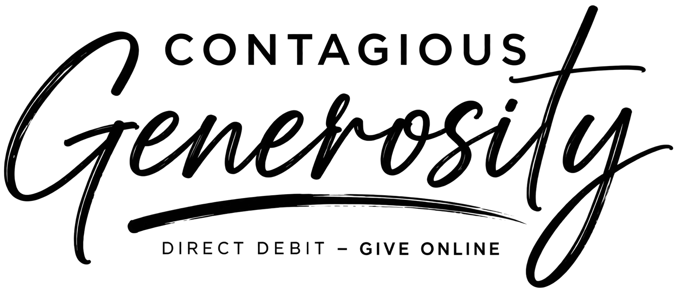 A black and white logo with the words 'Contagious Generosity'. 'Generosity' is in a large script font. Below it reads 'Direct Debit - Give Online'.