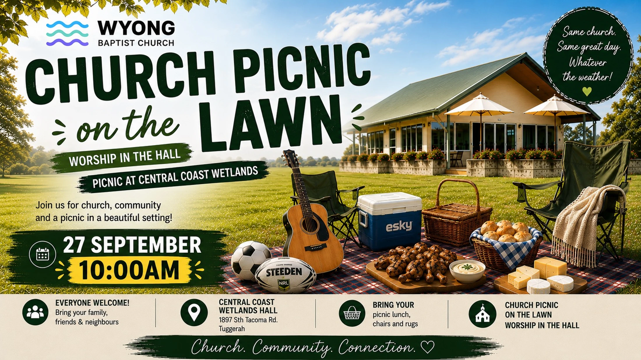 An event flyer for a "Church Picnic on the Lawn" showing a picnic setup with food, a guitar, and chairs on a sunny day. Text details the event.