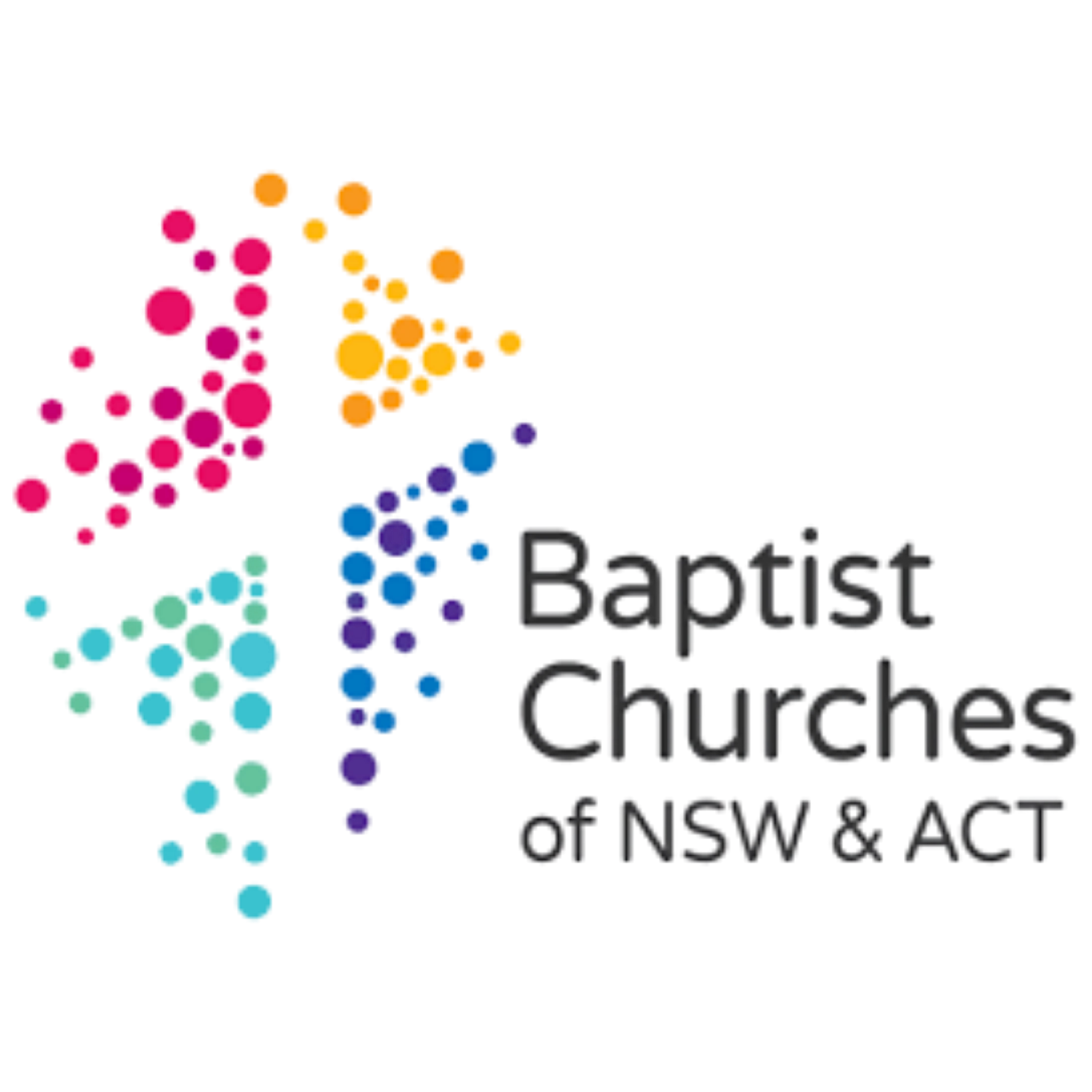 The logo for Baptist Churches of NSW & ACT, featuring a cross made of colorful dots in pink, orange, blue, and teal next to the organization's name.