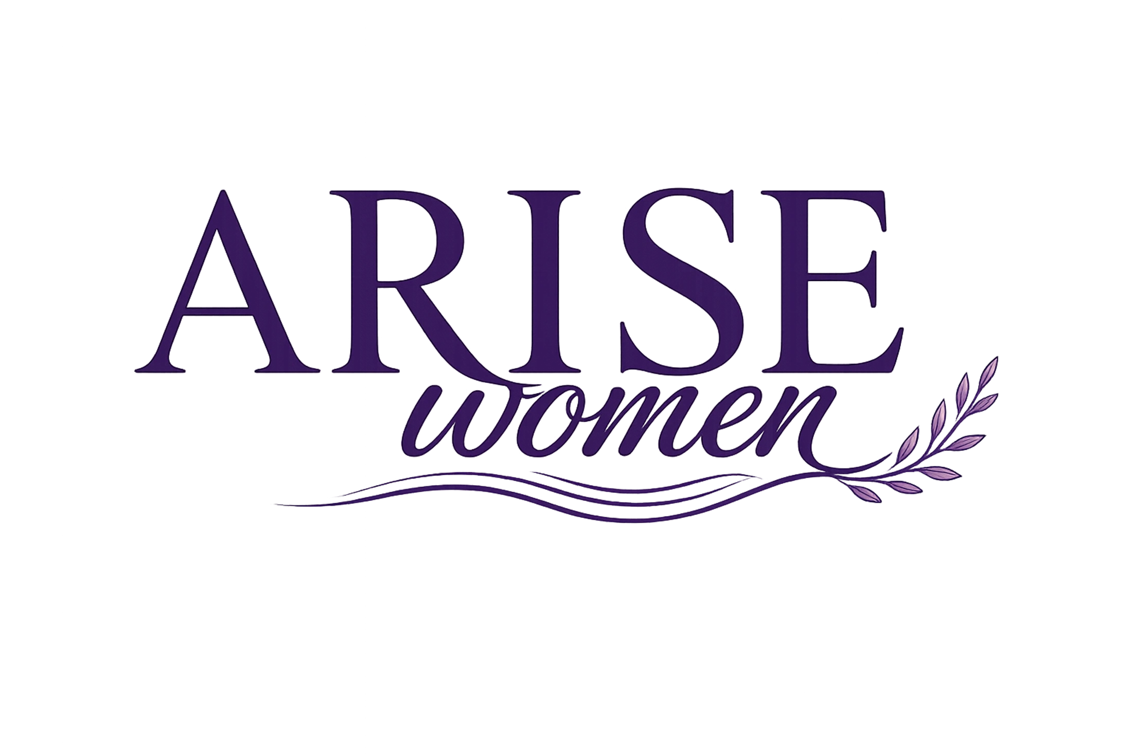 The logo for 'Arise Women' in purple text. 'ARISE' is in a large serif font, with 'women' in a script font below, underlined by a flourish with leaves.
