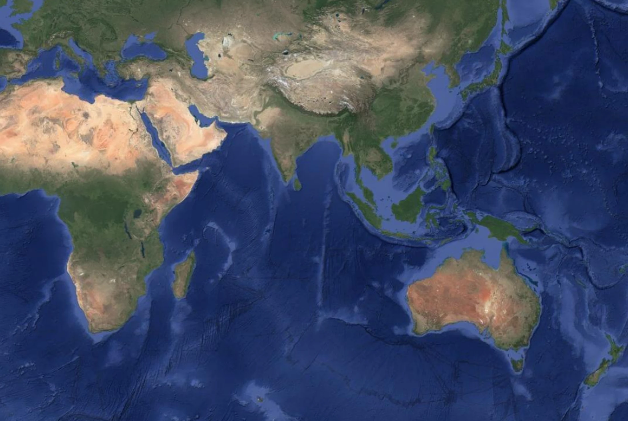 A satellite map of Earth centered on the Indian Ocean, showing parts of Africa, the Middle East, South and Southeast Asia, and Australia.