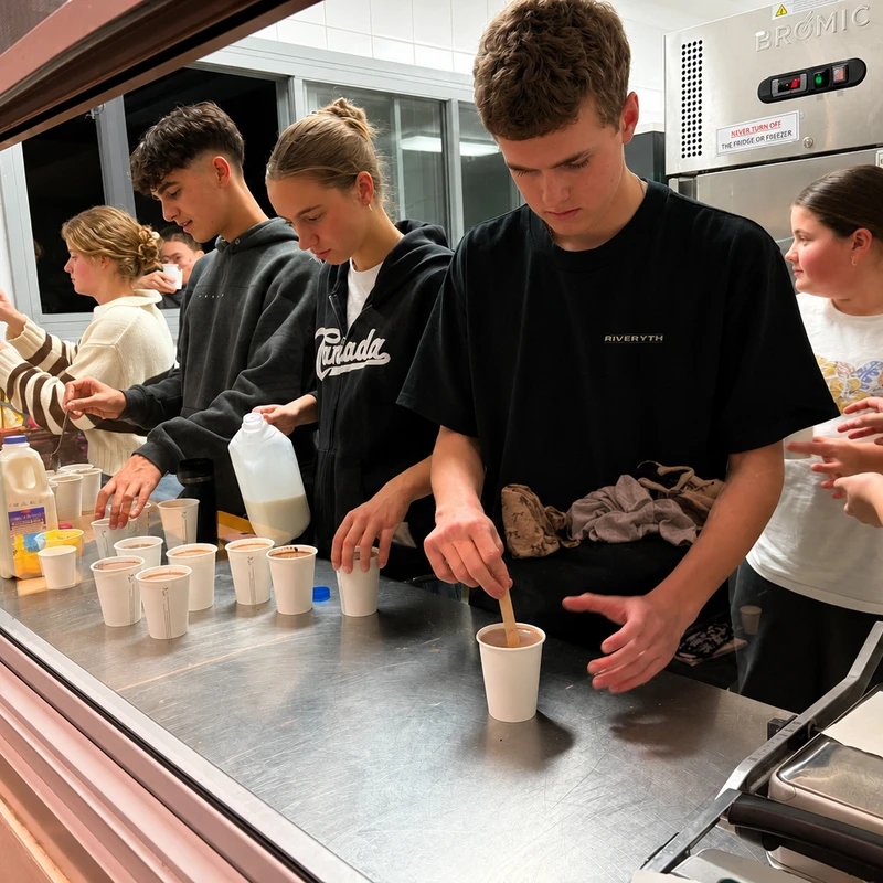 A group of young people stand in a line at a stainless steel counter, pouring milk and stirring hot chocolate powder into white paper cups.