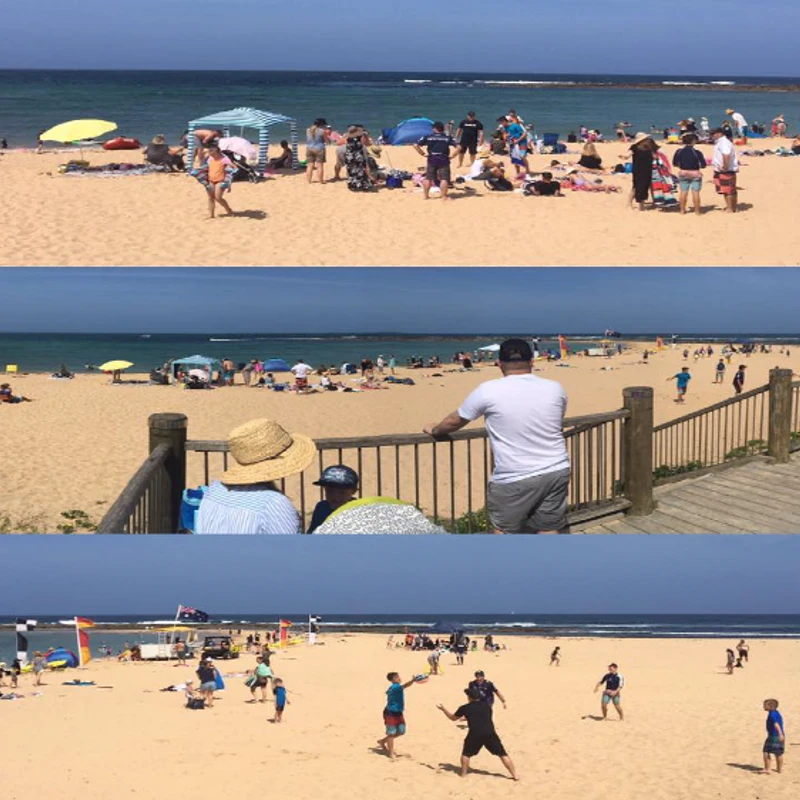 A three-panel photo collage of a busy beach on a sunny day, with people sunbathing on the golden sand, swimming in the ocean, and playing.