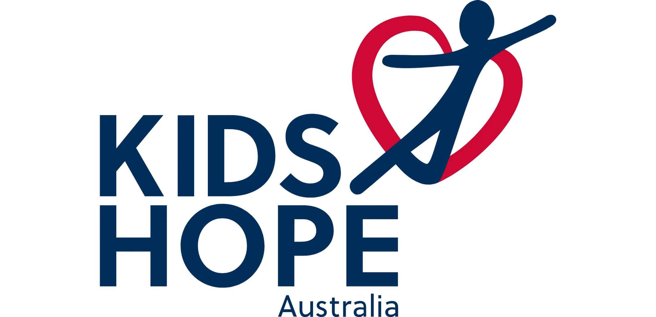 The logo for Kids Hope Australia, with blue text next to a red heart icon. A blue stylized figure of a child is jumping out of the heart.