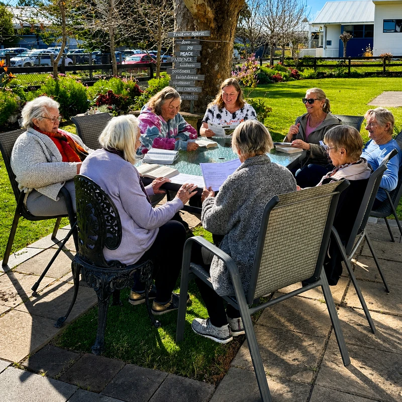 A group of eight women sit around a glass table on a sunny patio, reading and discussing books together in a garden with a 'Fruit of the Spirit' sign on a tree.