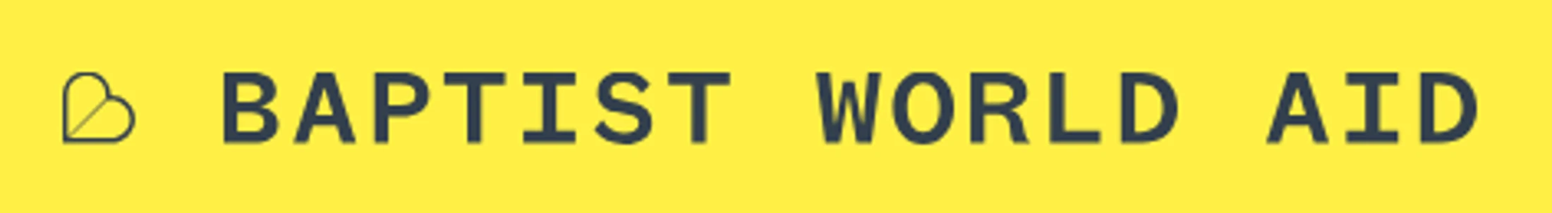 The logo for Baptist World Aid on a bright yellow background. The text is dark gray next to a stylized heart-shaped 'B' icon.