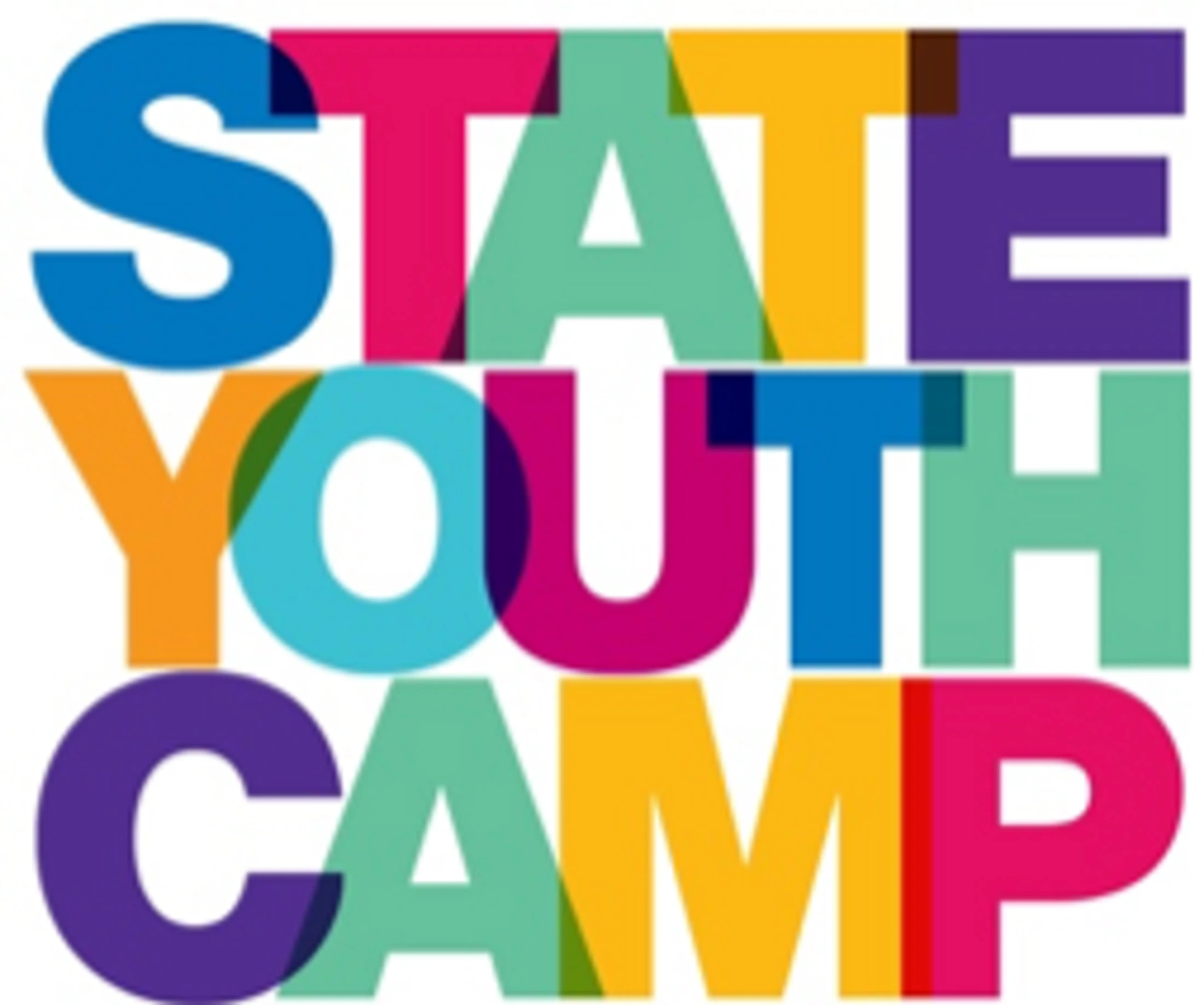 The words 'State Youth Camp' are stacked in large, colorful, overlapping block letters on a white background, creating a vibrant and energetic design.